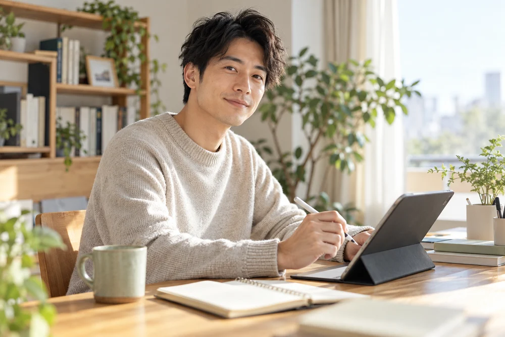 自宅でタブレットを使って学ぶ男性のイメージ